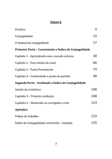 Imagem mostrando a página de índice do livro 'Índice de Conjugalidade', incluindo seções como Prefácio, Conjugalidade, O manual da conjugalidade, capítulos sobre construção e avaliação do índice de conjugalidade, e apêndices com folhas de trabalho e exemplos do índice construído.