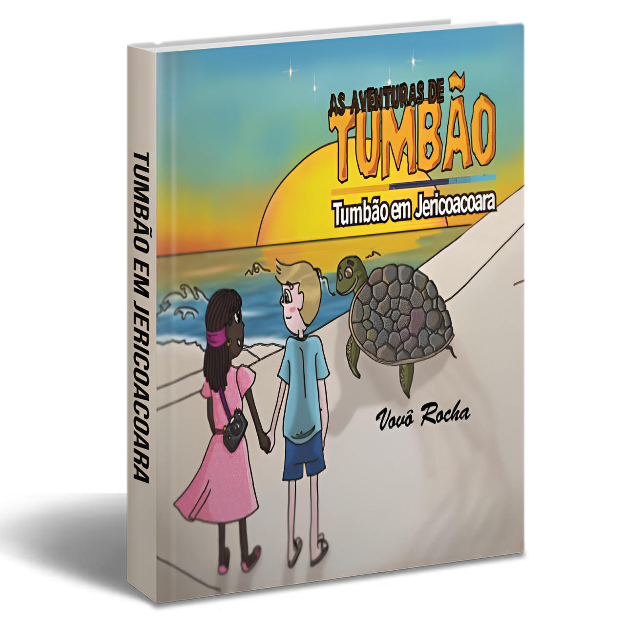 Capa do livro 'Tumbão em Jericoacoara', apresentando Tumbão e uma amiga de mãos dadas em uma praia, com uma tartaruga marinha ao lado, destacando a temática de conservação e amizade.