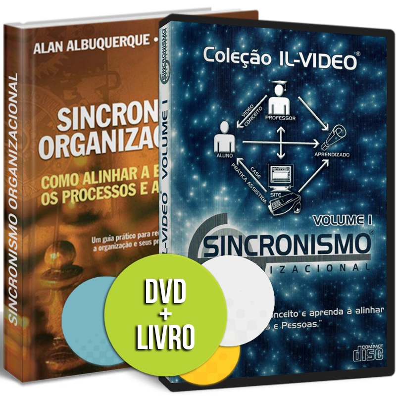 Combo do livro e DVD 'Sincronismo Organizacional' de Paulo Rocha, exibido lado a lado sobre uma superfície plana. A capa do livro destaca-se com o título em letras visíveis, enquanto o DVD apresenta uma imagem complementar. Este conjunto oferece um guia abrangente para entender e aplicar o conceito de Sincronismo Organizacional na gestão empresarial.