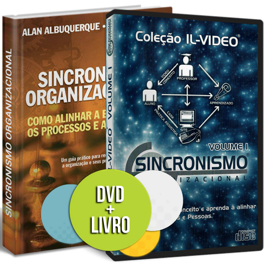 Combo do livro e DVD 'Sincronismo Organizacional' de Paulo Rocha, exibido lado a lado sobre uma superfície plana. A capa do livro destaca-se com o título em letras visíveis, enquanto o DVD apresenta uma imagem complementar. Este conjunto oferece um guia abrangente para entender e aplicar o conceito de Sincronismo Organizacional na gestão empresarial.