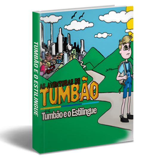 Capa do livro 'As Aventuras de Tumbão - Tumbão e o Estilingue', mostrando um menino com um estilingue ao lado de uma paisagem contrastante com natureza e cidade industrial ao fundo.