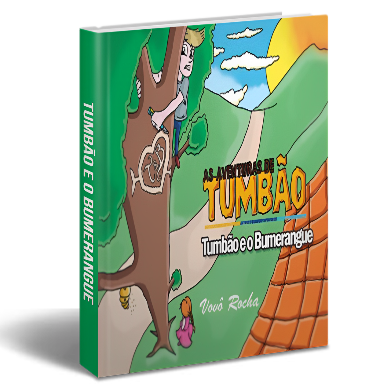 Capa do livro 'As Aventuras de Tumbão - Tumbão e o Bumerangue' ilustrando o personagem Tumbão, um menino loiro, subindo em uma árvore para recuperar um bumerangue, com um cenário ensolarado ao fundo.