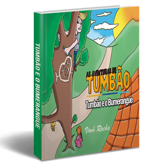 Capa do livro 'As Aventuras de Tumbão - Tumbão e o Bumerangue' ilustrando o personagem Tumbão, um menino loiro, subindo em uma árvore para recuperar um bumerangue, com um cenário ensolarado ao fundo.