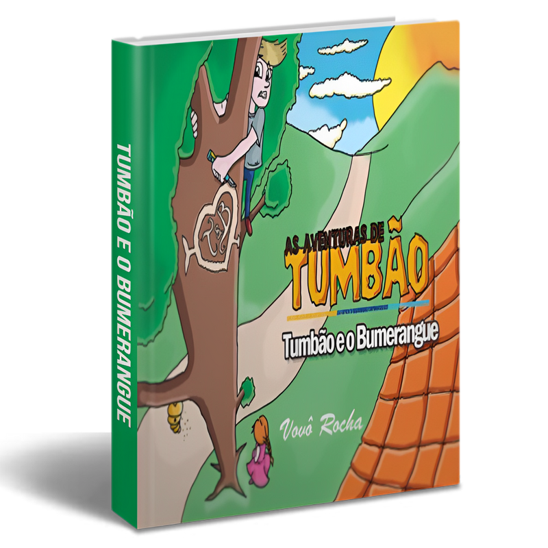 Capa do livro 'As Aventuras de Tumbão - Tumbão e o Bumerangue' ilustrando o personagem Tumbão, um menino loiro, subindo em uma árvore para recuperar um bumerangue, com um cenário ensolarado ao fundo.
