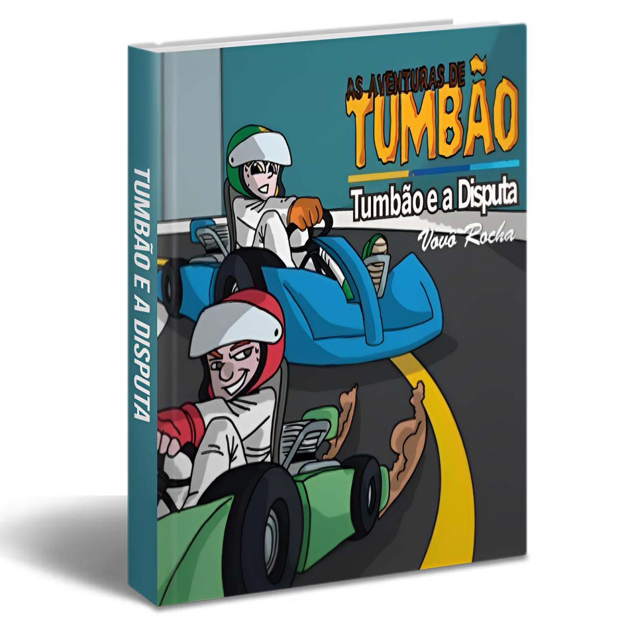 Capa do livro 'As Aventuras de Tumbão - Tumbão e a Disputa' ilustrando o jovem protagonista em um kart de corrida, destacando o tema de velocidade e competição que a narrativa aborda.