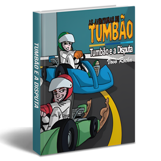 Capa do livro 'As Aventuras de Tumbão - Tumbão e a Disputa' ilustrando o jovem protagonista em um kart de corrida, destacando o tema de velocidade e competição que a narrativa aborda.